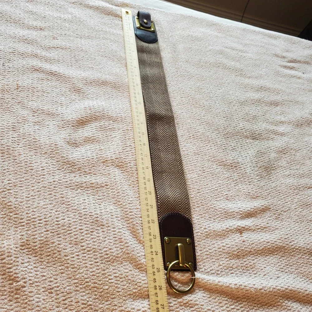 Brown‎ Leather Woven Elastic Cinch Waist Belt Brass Ring Toggle sz Small